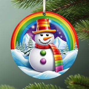 Rainbow Snowman Ornament Sublimation Design Round Ornament
